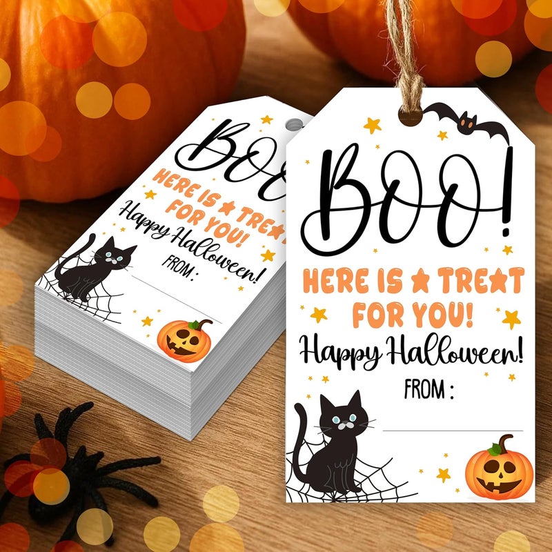 HandEasy 50 Pcs Halloween Tags with String, 2.1"×3.5" Boo Paper Gifts Tags, Black Cat Trick or Treat for Candy, Pumpkin Halloween Gifts Tag Wrap for Party Favor - B03 - Image 1